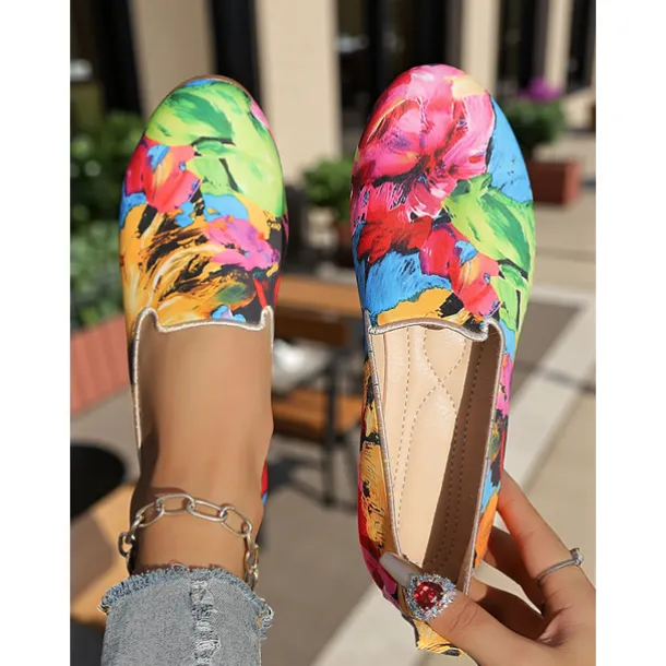 Women's Colorful Floral Canvas Slip-On Flats – Lightweight Round Toe Casual Loafers, Artistic Comfort Shoes for Walks, Travel, and Daily Wear