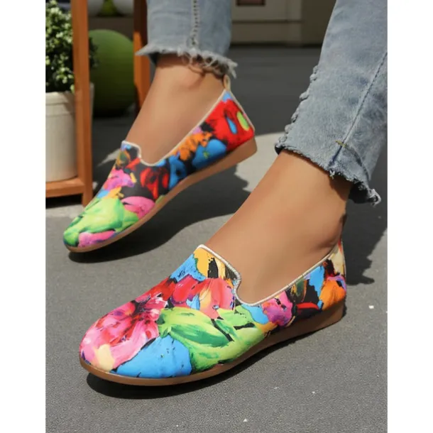 Women's Colorful Floral Canvas Slip-On Flats – Lightweight Round Toe Casual Loafers, Artistic Comfort Shoes for Walks, Travel, and Daily Wear