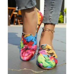 Women's Colorful Floral Canvas Slip-On Flats – Lightweight Round Toe Casual Loafers, Artistic Comfort Shoes for Walks, Travel, and Daily Wear