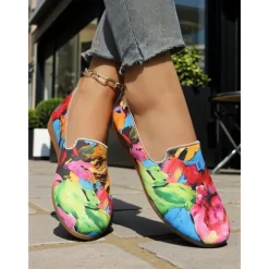 Women's Colorful Floral Canvas Slip-On Flats – Lightweight Round Toe Casual Loafers, Artistic Comfort Shoes for Walks, Travel, and Daily Wear