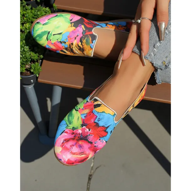 Women's Colorful Floral Canvas Slip-On Flats – Lightweight Round Toe Casual Loafers, Artistic Comfort Shoes for Walks, Travel, and Daily Wear
