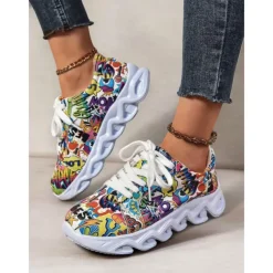 Women's Colorful Graphic Print Sneakers – Trendy Lightweight Lace-Up Athletic Shoes with Cushioned Sole