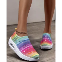 Women's Colorful Rhinestone Slip-On Sneakers – Lightweight Air Cushion Sole Shoes for Casual and Sporty Style
