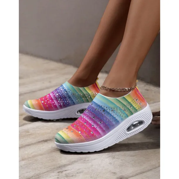 Women's Colorful Rhinestone Slip-On Sneakers – Lightweight Air Cushion Sole Shoes for Casual and Sporty Style
