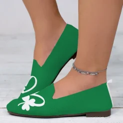 Women's Comfortable Green Slip-On Flats with Clover Heart Printed Design Perfect for Celebrate St. Patrick's Day