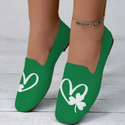 Women's Comfortable Green Slip-On Flats with Clover Heart Printed Design Perfect for Celebrate St. Patrick's Day