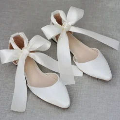 Women's Comfortable Satin Ribbon Tie Ballet Flats – Elegant Ivory Wedding Shoes for Brides and Bridesmaids, Perfect for Formal Events and Special Occasions