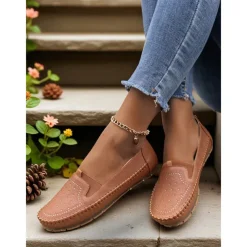 Women's Comfortable Slip-On Loafers – Soft Leather Casual Walking Flats with Stitch Detailing for Daily Wear, Travel and Errands