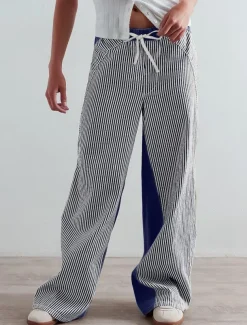Women's Cotton Blend Denim Culottes Wide Leg Vacation Vintage Stylish Full Length Mid Waist Striped Patchwork Stripe Comfy Inelastic Outdoor Vacation Home Navy Earthy yellow Black Army Green