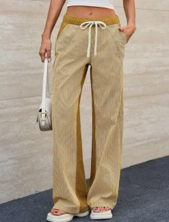 Women's Cotton Blend Denim Culottes Wide Leg Vacation Vintage Stylish Full Length Mid Waist Striped Patchwork Stripe Comfy Inelastic Outdoor Vacation Home Navy Earthy yellow Black Army Green