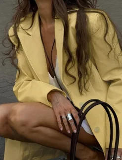 Women's100% Cotton Blazer Comfortable Buttons Elegant Vintage Daily Formal School Formal Vacation Office Single Breasted Short Peaked Lapel Regular Fit Long Sleeve Outerwear Yellow Spring Fall