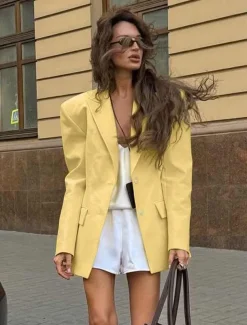 Women's100% Cotton Blazer Comfortable Buttons Elegant Vintage Daily Formal School Formal Vacation Office Single Breasted Short Peaked Lapel Regular Fit Long Sleeve Outerwear Yellow Spring Fall