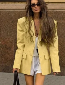 Women's100% Cotton Blazer Comfortable Buttons Elegant Vintage Daily Formal School Formal Vacation Office Single Breasted Short Peaked Lapel Regular Fit Long Sleeve Outerwear Yellow Spring Fall