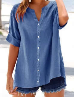 Women's Cotton Blouse Solid Color Elegant Casual Short Sleeve V Neck Regular Tops Daily Holiday Buttons Black Blue Purple Green Beige Summer Spring