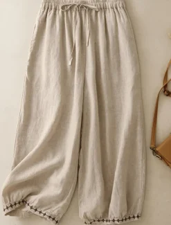 Women's Cotton Chinos Vintage Basic Full Length High Waist Plain Pocket Drawstring Comfort Outdoor Stretchy Vacation Street Causal White Yellow Khaki Beige Summer Spring Fall Loose Fit