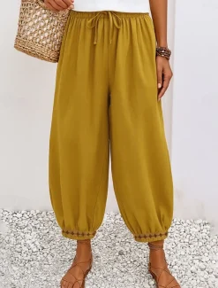 Women's Cotton Chinos Vintage Basic Full Length High Waist Plain Pocket Drawstring Comfort Outdoor Stretchy Vacation Street Causal White Yellow Khaki Beige Summer Spring Fall Loose Fit