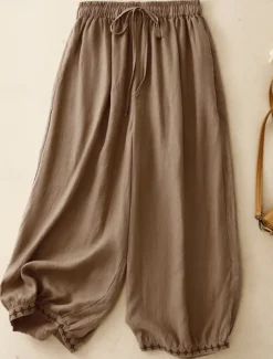 Women's Cotton Chinos Vintage Basic Full Length High Waist Plain Pocket Drawstring Comfort Outdoor Stretchy Vacation Street Causal White Yellow Khaki Beige Summer Spring Fall Loose Fit