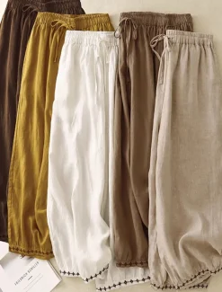 Women's Cotton Chinos Vintage Basic Full Length High Waist Plain Pocket Drawstring Comfort Outdoor Stretchy Vacation Street Causal White Yellow Khaki Beige Summer Spring Fall Loose Fit