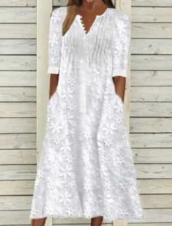 Women's Cotton Dress Sundress White Floral Midi Dress V-Neck Elegant Empire Waist Short Sleeve Ruched Pocket Summer Spring 2024 White Blue Green
