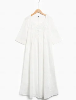 Women's Cotton Dress Sundress White Floral Midi Dress V-Neck Elegant Empire Waist Short Sleeve Ruched Pocket Summer Spring 2024 White Blue Green