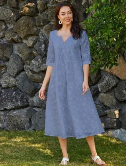 Women's Cotton Dress Sundress White Floral Midi Dress V-Neck Elegant Empire Waist Short Sleeve Ruched Pocket Summer Spring 2024 White Blue Green