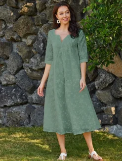 Women's Cotton Dress Sundress White Floral Midi Dress V-Neck Elegant Empire Waist Short Sleeve Ruched Pocket Summer Spring 2024 White Blue Green