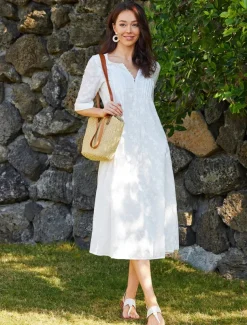 Women's Cotton Dress Sundress White Floral Midi Dress V-Neck Elegant Empire Waist Short Sleeve Ruched Pocket Summer Spring 2024 White Blue Green