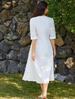 Women's Cotton Dress Sundress White Floral Midi Dress V-Neck Elegant Empire Waist Short Sleeve Ruched Pocket Summer Spring 2024 White Blue Green