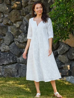 Women's Cotton Dress Sundress White Floral Midi Dress V-Neck Elegant Empire Waist Short Sleeve Ruched Pocket Summer Spring 2024 White Blue Green