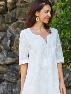 Women's Cotton Dress Sundress White Floral Midi Dress V-Neck Elegant Empire Waist Short Sleeve Ruched Pocket Summer Spring 2024 White Blue Green