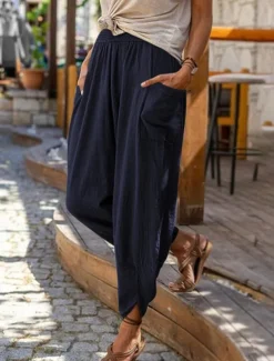 Women's Cotton Linen Baggy Pants Chinos Fashion Streetwear Full Length Medium Waist Plain Pocket Elastic Waistband Comfy Soft Comfortable Micro-elastic Outdoor Street Robin's Egg Blue Black Summer
