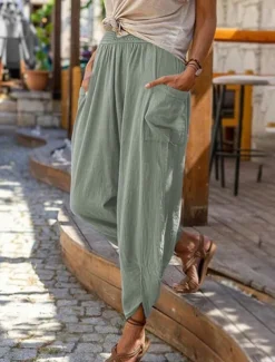 Women's Cotton Linen Baggy Pants Chinos Fashion Streetwear Full Length Medium Waist Plain Pocket Elastic Waistband Comfy Soft Comfortable Micro-elastic Outdoor Street Robin's Egg Blue Black Summer