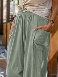 Women's Cotton Linen Baggy Pants Chinos Fashion Streetwear Full Length Medium Waist Plain Pocket Elastic Waistband Comfy Soft Comfortable Micro-elastic Outdoor Street Robin's Egg Blue Black Summer