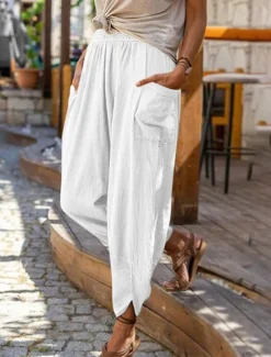 Women's Cotton Linen Baggy Pants Chinos Fashion Streetwear Full Length Medium Waist Plain Pocket Elastic Waistband Comfy Soft Comfortable Micro-elastic Outdoor Street Robin's Egg Blue Black Summer