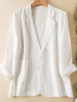 Women's Cotton Linen Blazer Comfortable Breathable Pocket Casual Plain Office Street Casual Daily Wear Single Breasted Regular Turndown Regular Fit Long Sleeve Outerwear White Green Beige Summer