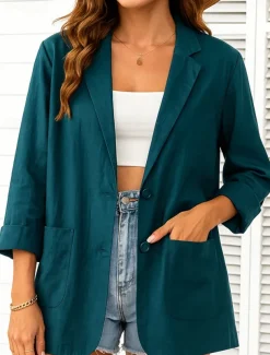 Women's Cotton Linen Blazer Comfortable Breathable Pocket Casual Plain Office Street Casual Daily Wear Single Breasted Regular Turndown Regular Fit Long Sleeve Outerwear White Green Beige Summer
