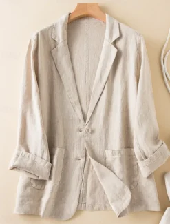 Women's Cotton Linen Blazer Comfortable Breathable Pocket Casual Plain Office Street Casual Daily Wear Single Breasted Regular Turndown Regular Fit Long Sleeve Outerwear White Green Beige Summer