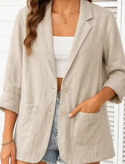 Women's Cotton Linen Blazer Comfortable Breathable Pocket Casual Plain Office Street Casual Daily Wear Single Breasted Regular Turndown Regular Fit Long Sleeve Outerwear White Green Beige Summer