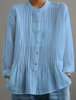 Women's Cotton Linen Blouse Solid Color Elegant Casual Long Sleeve High Neck Regular Tops Daily Holiday Buttons Black White Yellow Red Blue Summer Fall