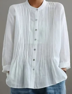 Women's Cotton Linen Blouse Solid Color Elegant Casual Long Sleeve High Neck Regular Tops Daily Holiday Buttons Black White Yellow Red Blue Summer Fall