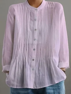 Women's Cotton Linen Blouse Solid Color Elegant Casual Long Sleeve High Neck Regular Tops Daily Holiday Buttons Black White Yellow Red Blue Summer Fall