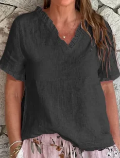 Women's Cotton Linen Blouse Solid Color Elegant Casual Short Sleeve V Neck Regular Tops Daily Holiday Ruffle Black White Yellow Pink Blue Summer Spring