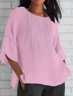 Women's Cotton Linen Blouse Solid Color Elegant Casual Short Sleeve Crew Neck Regular Tops Daily Holiday Pleated Pink Blue Green Khaki Beige Summer