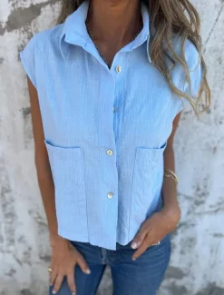 Women's Cotton Linen Camisole Tank Top Solid Color Basic Casual Short Sleeve Crew Neck Shirt Collar Regular Tops Daily Buttons Pocket White Navy Blue Apricot Light Blue Summer