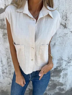 Women's Cotton Linen Camisole Tank Top Solid Color Basic Casual Short Sleeve Crew Neck Shirt Collar Regular Tops Daily Buttons Pocket White Navy Blue Apricot Light Blue Summer