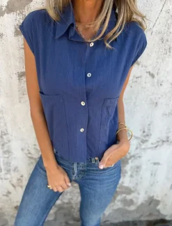 Women's Cotton Linen Camisole Tank Top Solid Color Basic Casual Short Sleeve Crew Neck Shirt Collar Regular Tops Daily Buttons Pocket White Navy Blue Apricot Light Blue Summer