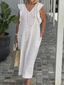 Women's Cotton Linen Maxi Dress Casual Dress Cotton Linen Dress Basic Casual Vacation Daily Regular Fit Plain Sleeveless V Neck Black White Pink Navy Blue Summer