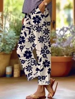 Women's Cotton Linen Pants Baggy Pants Linen Like Fashion Streetwear Full Length High Waist Floral Graphic Printing Thermal Warm Breathable Soft Micro-elastic Outdoor Daily