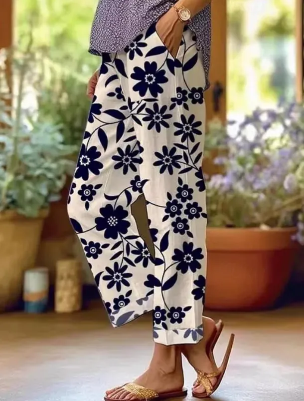Women's Cotton Linen Pants Baggy Pants Linen Like Fashion Streetwear Full Length High Waist Floral Graphic Printing Thermal Warm Breathable Soft Micro-elastic Outdoor Daily