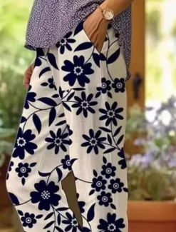 Women's Cotton Linen Pants Baggy Pants Linen Like Fashion Streetwear Full Length High Waist Floral Graphic Printing Thermal Warm Breathable Soft Micro-elastic Outdoor Daily
